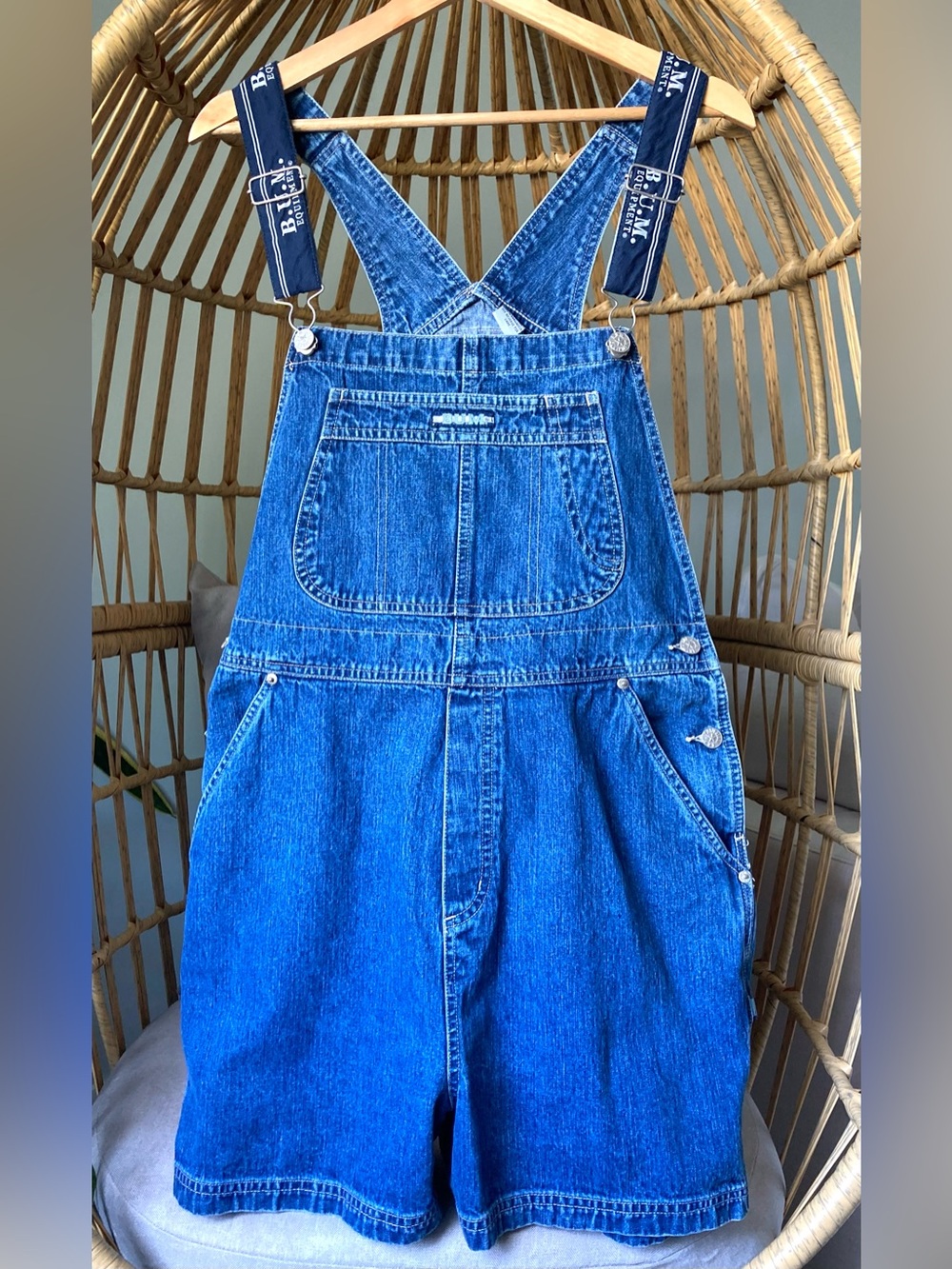 Vintage B.U.M. Equipment Denim Shortalls Overalls Shorts Blue Size L 90s